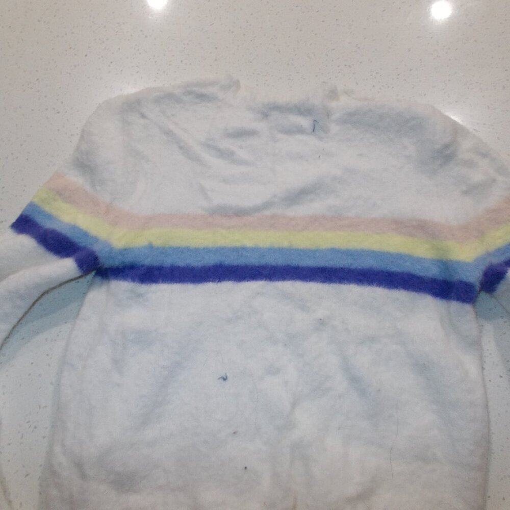 Happy White Sweater with strips color of light orange, yellow, blue and purple